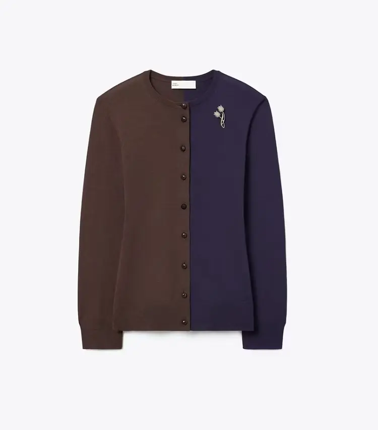 Brooch Color-Block Wool Cardigan